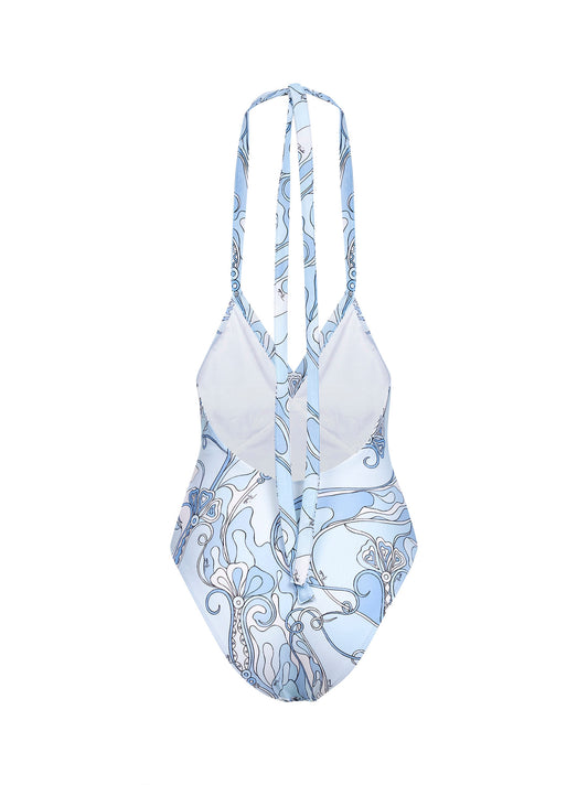 Pale blue Orchidee-print stretch lyca one-piece swimsuit