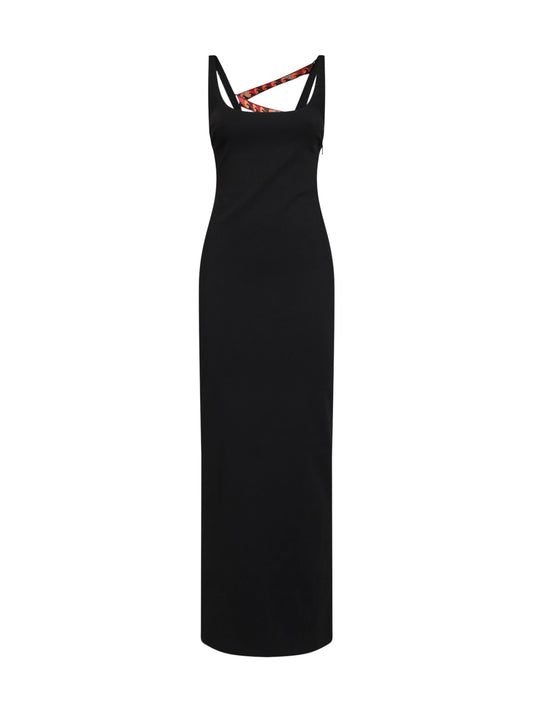 Black superstretch cady long dress with printed tape