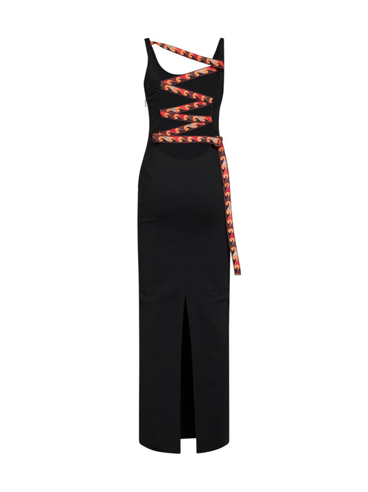 Black superstretch cady long dress with printed tape