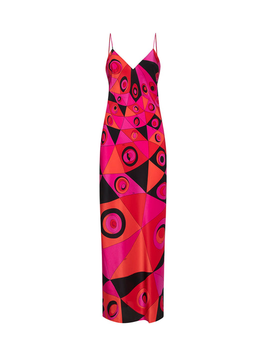 Fuchsia and black Occhi-print silk crepe de chine long lingerie dress