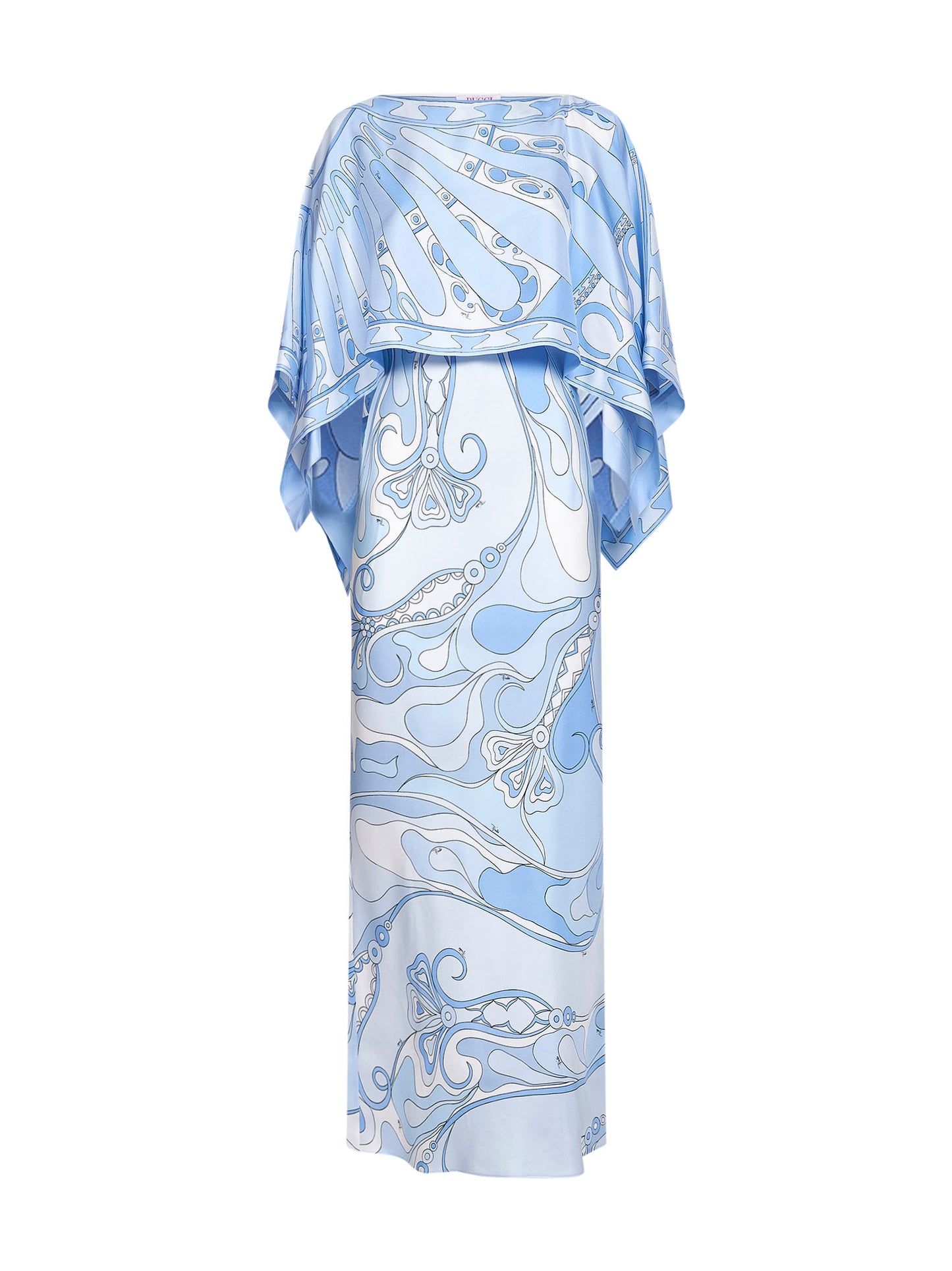 Pale blue Orchidee-print silk long dress with Sole-print cape