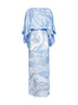 Pale blue Orchidee-print silk long dress with Sole-print cape