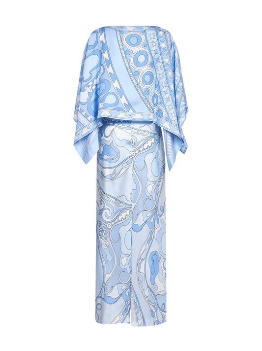 Pale blue Orchidee-print silk long dress with Sole-print cape