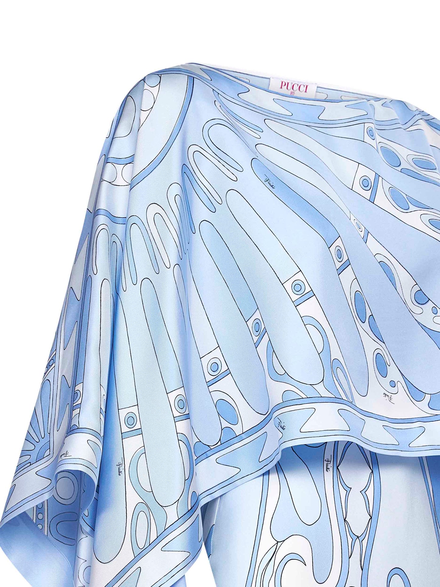 Pale blue Orchidee-print silk long dress with Sole-print cape