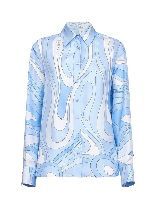 Pale blue Marmo-print silk twill shirt