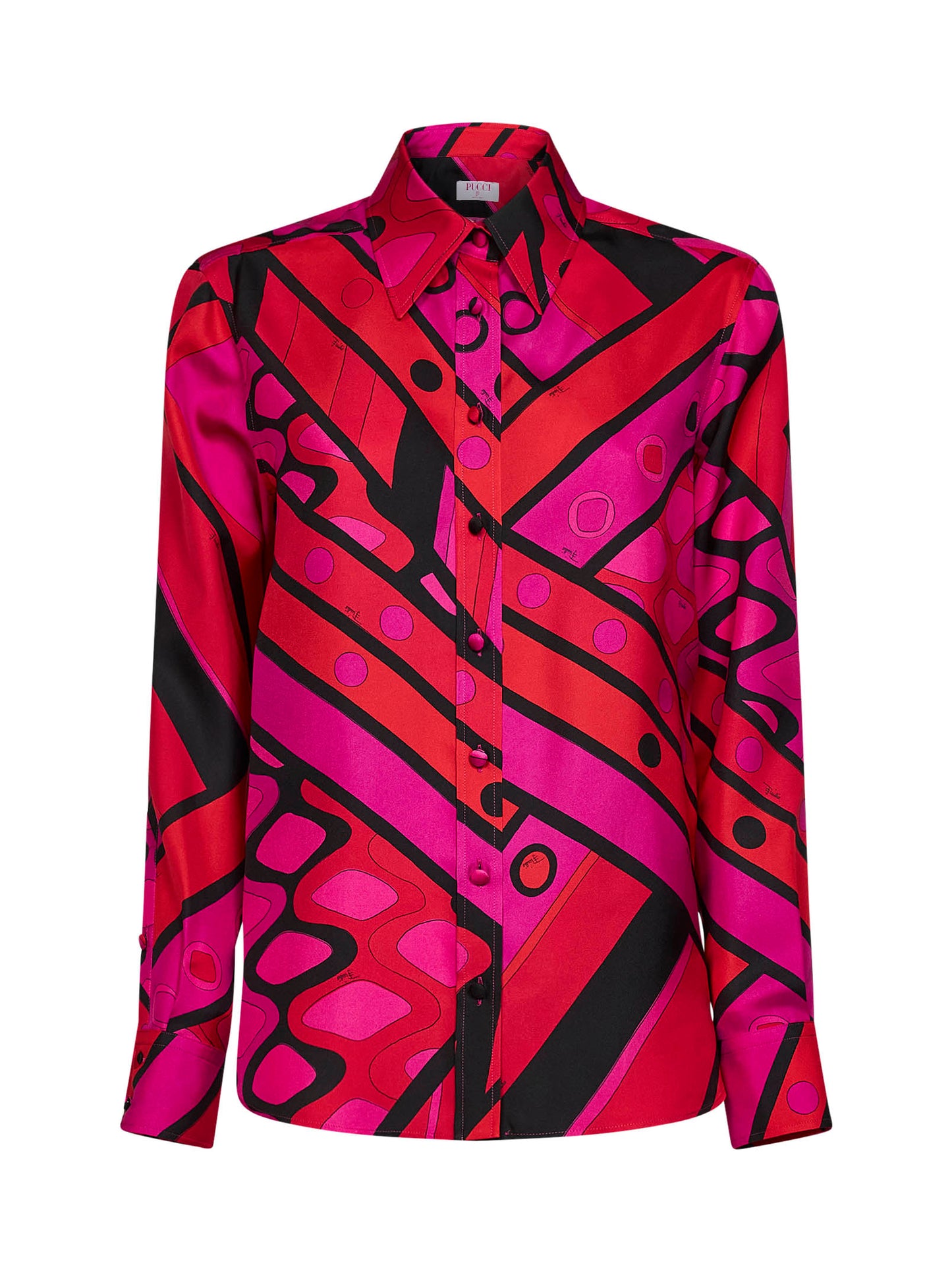 Camicia in twill di seta stampa Vivara fucsia e nero