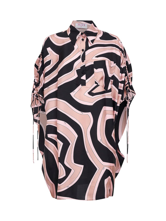 Black and pink Labirinto-print silk twill short kaftan dress