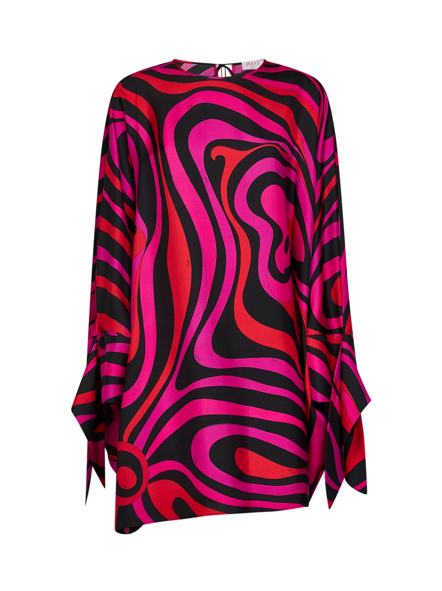 Caftano corto in twill di seta stampa Marmo fucsia e nero