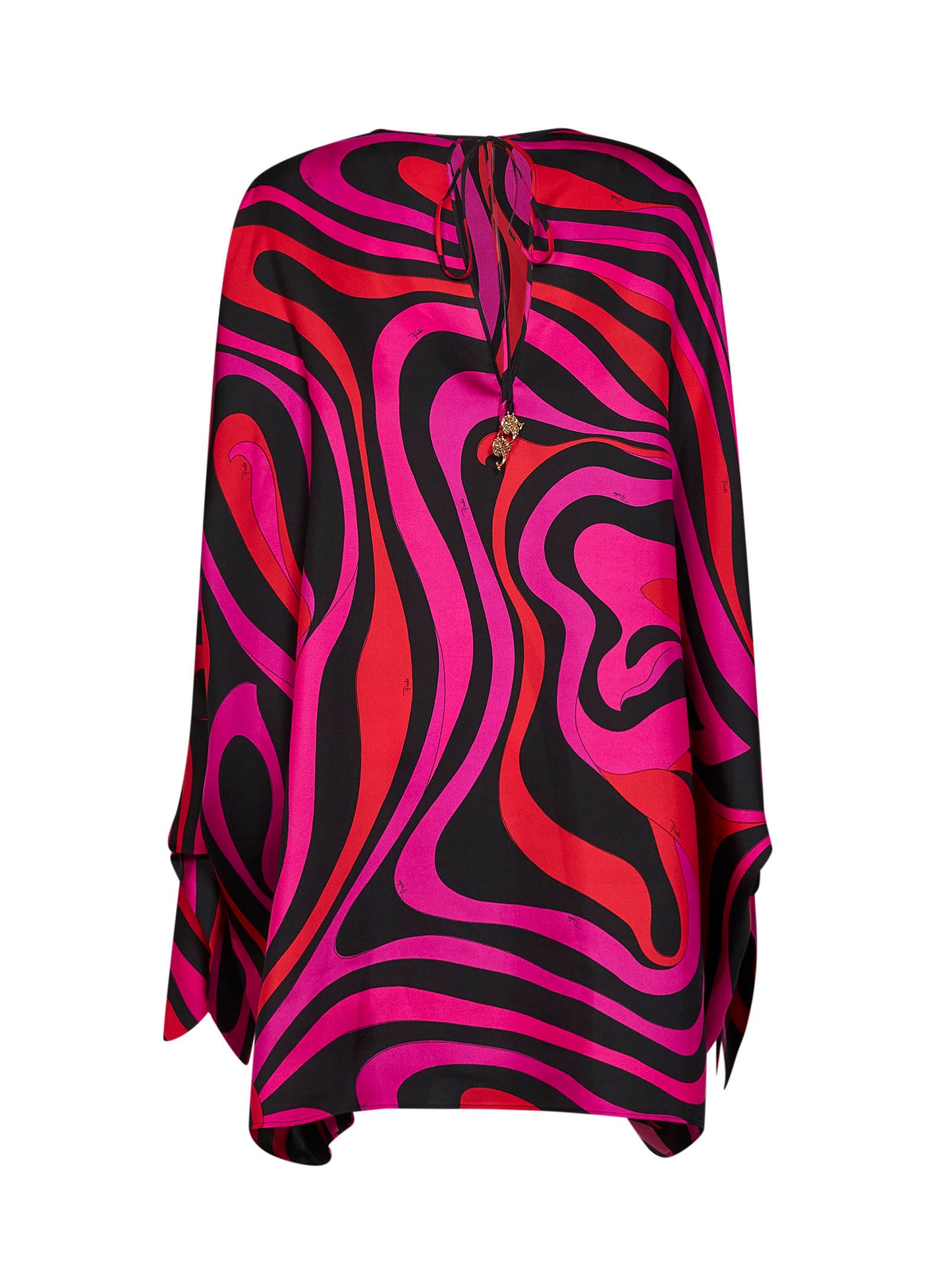 Caftano corto in twill di seta stampa Marmo fucsia e nero