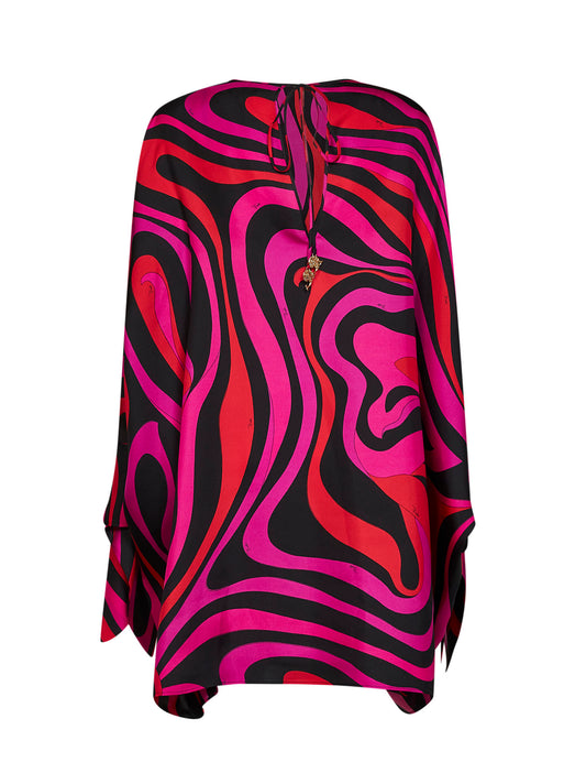 Fuchsia and black Marmo-print silk twill short kaftan