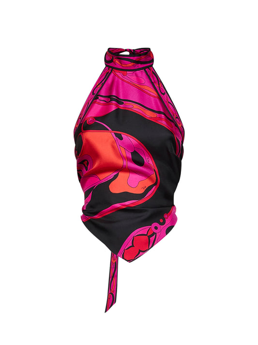 Top a foulard in twill di seta stampa Orchidee fucsia e nero