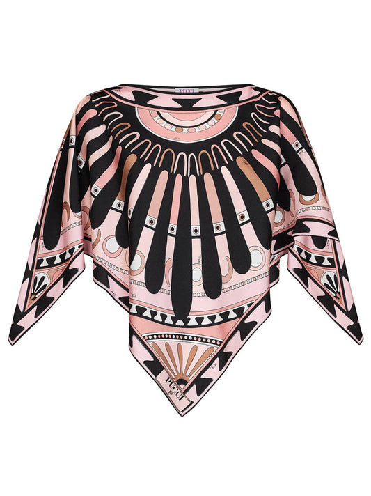 Top caftano in twill di seta stampa Soleil nude