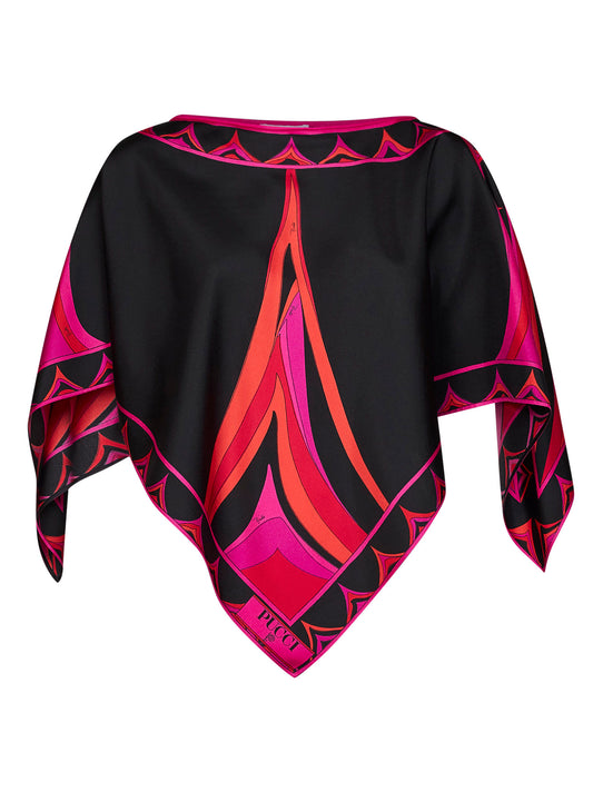 Top caftano in twill di seta stampa Fari fucsia e nero