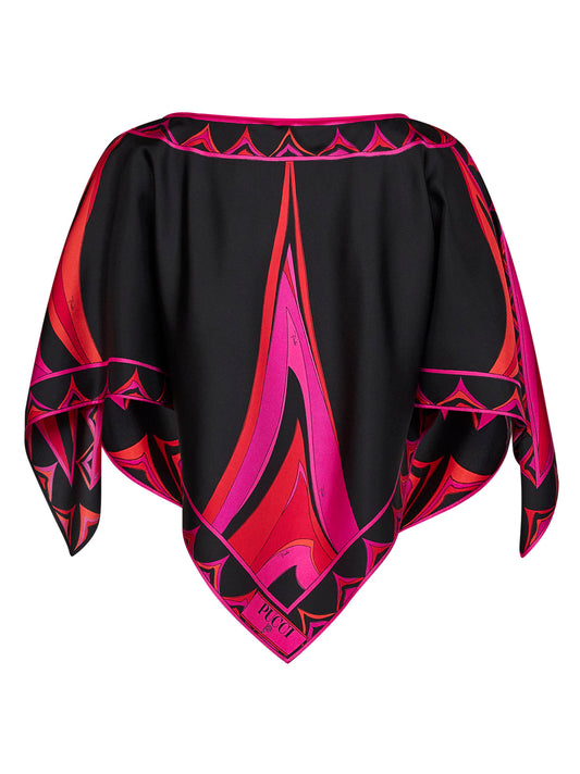 Top caftano in twill di seta stampa Fari fucsia e nero