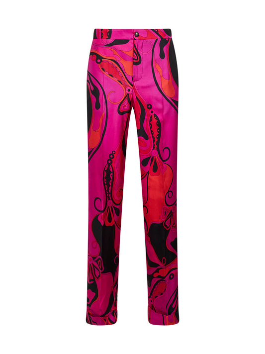 Pantaloni in twill stampa Orchidee fucsia e nero