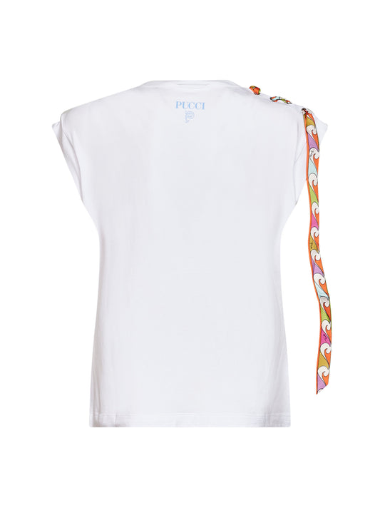 Canotta in jersey stretch bianco con nastro stampato