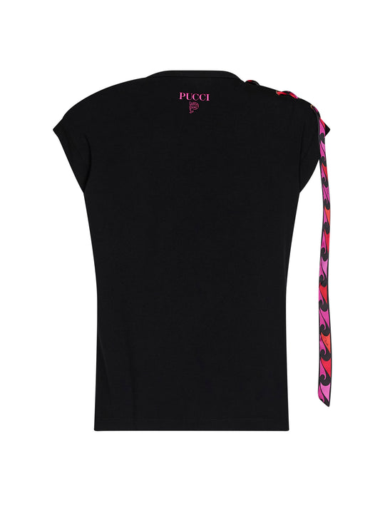 Canotta in jersey stretch nero con nastro stampato