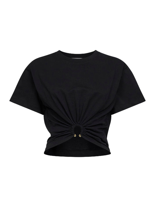 T-shirt crop in cotone nero con piercing
