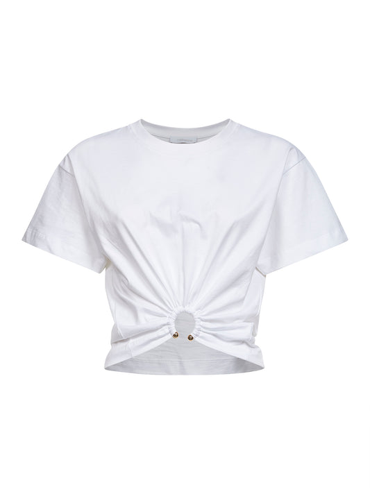 T-shirt crop in cotone bianco con piercing