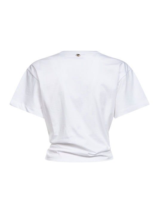T-shirt crop in cotone bianco con piercing