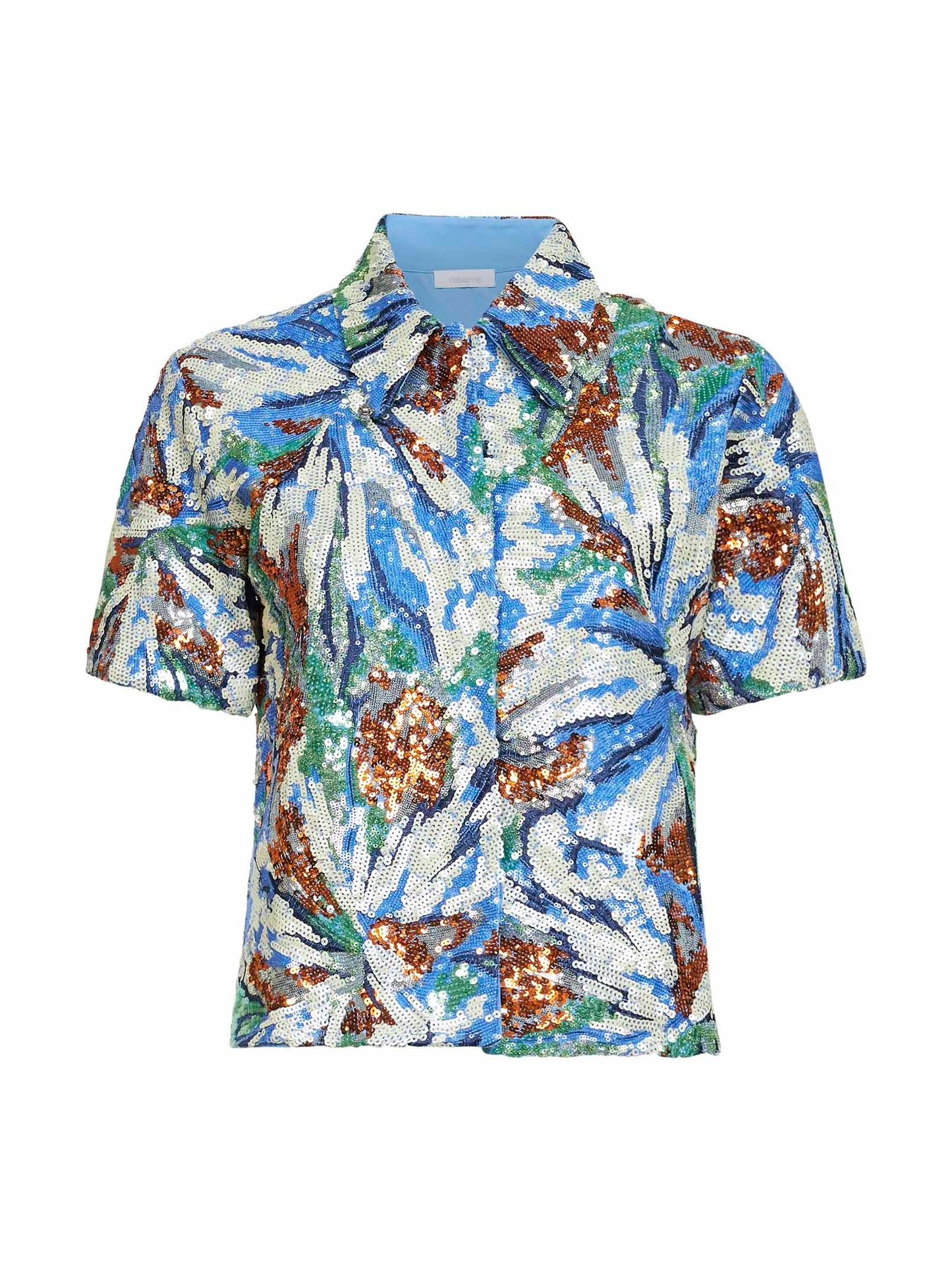 Short-sleeved shirt with multicolor floral sequin embroidery