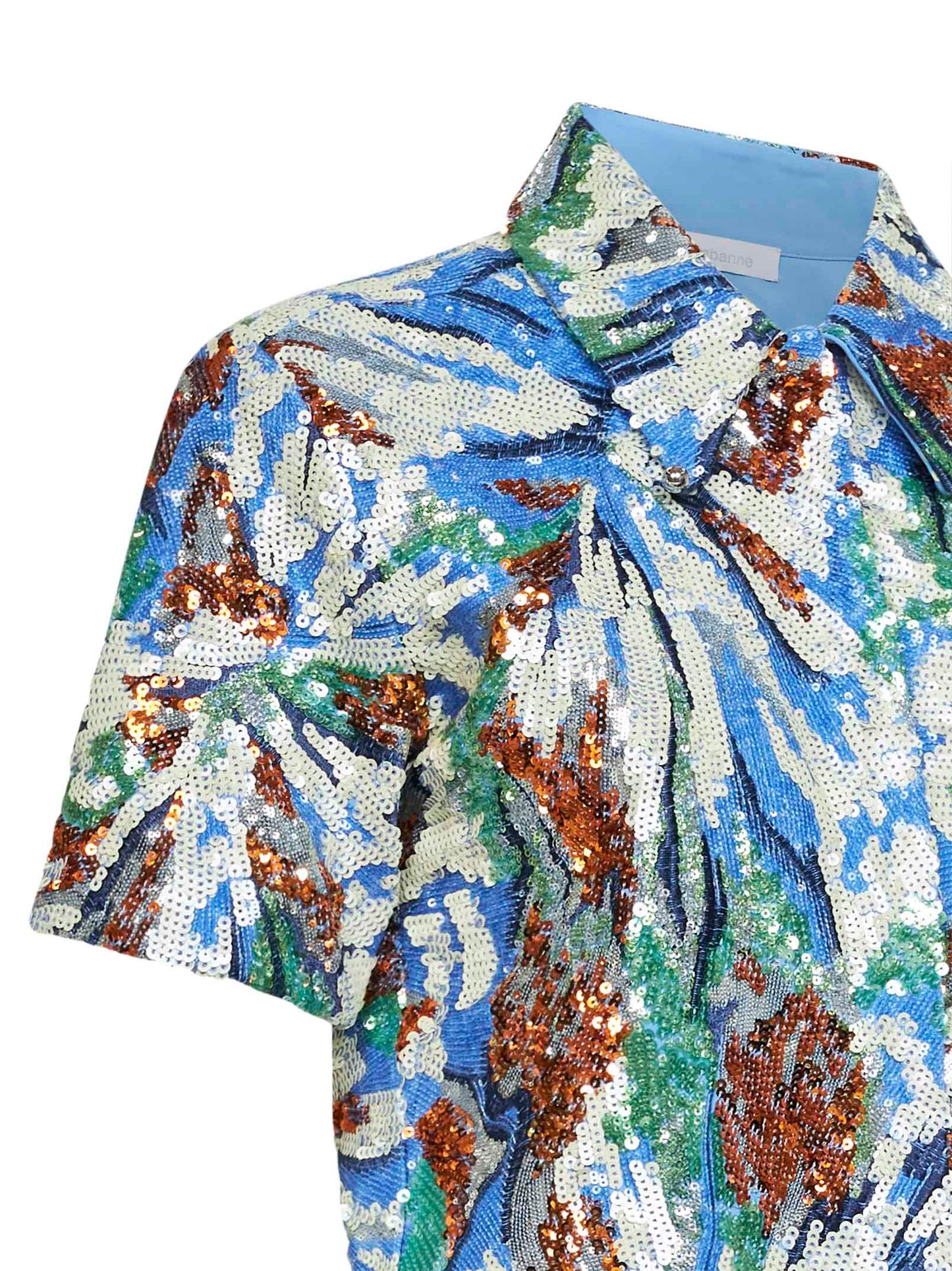 Short-sleeved shirt with multicolor floral sequin embroidery