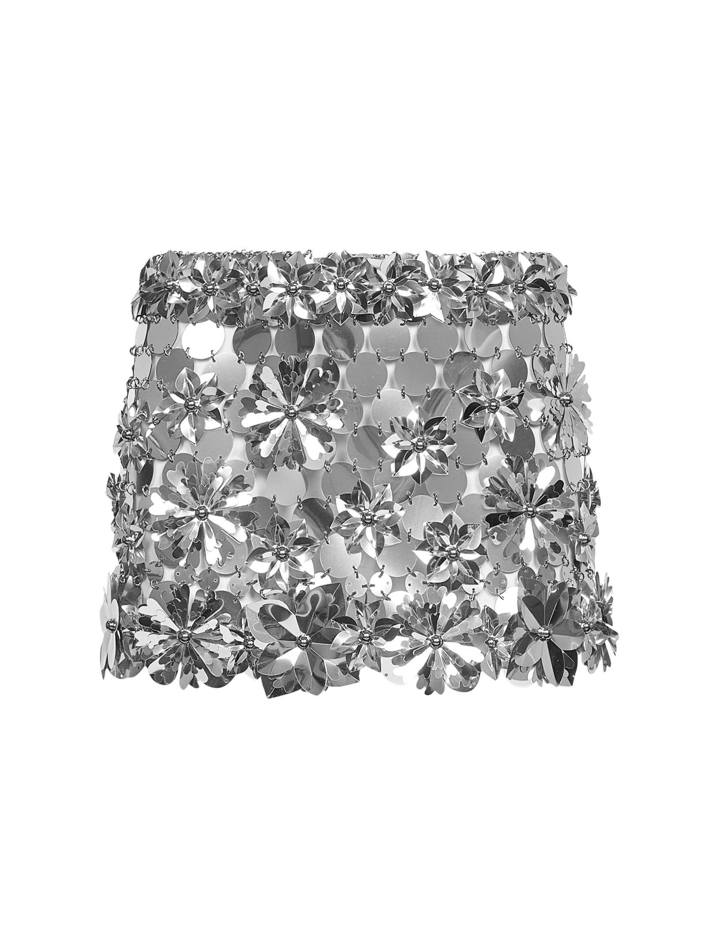 Silver discs mini skirt with flower details