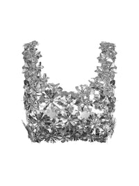 Top bralette in dischi di plastica argento con dettagli floreali