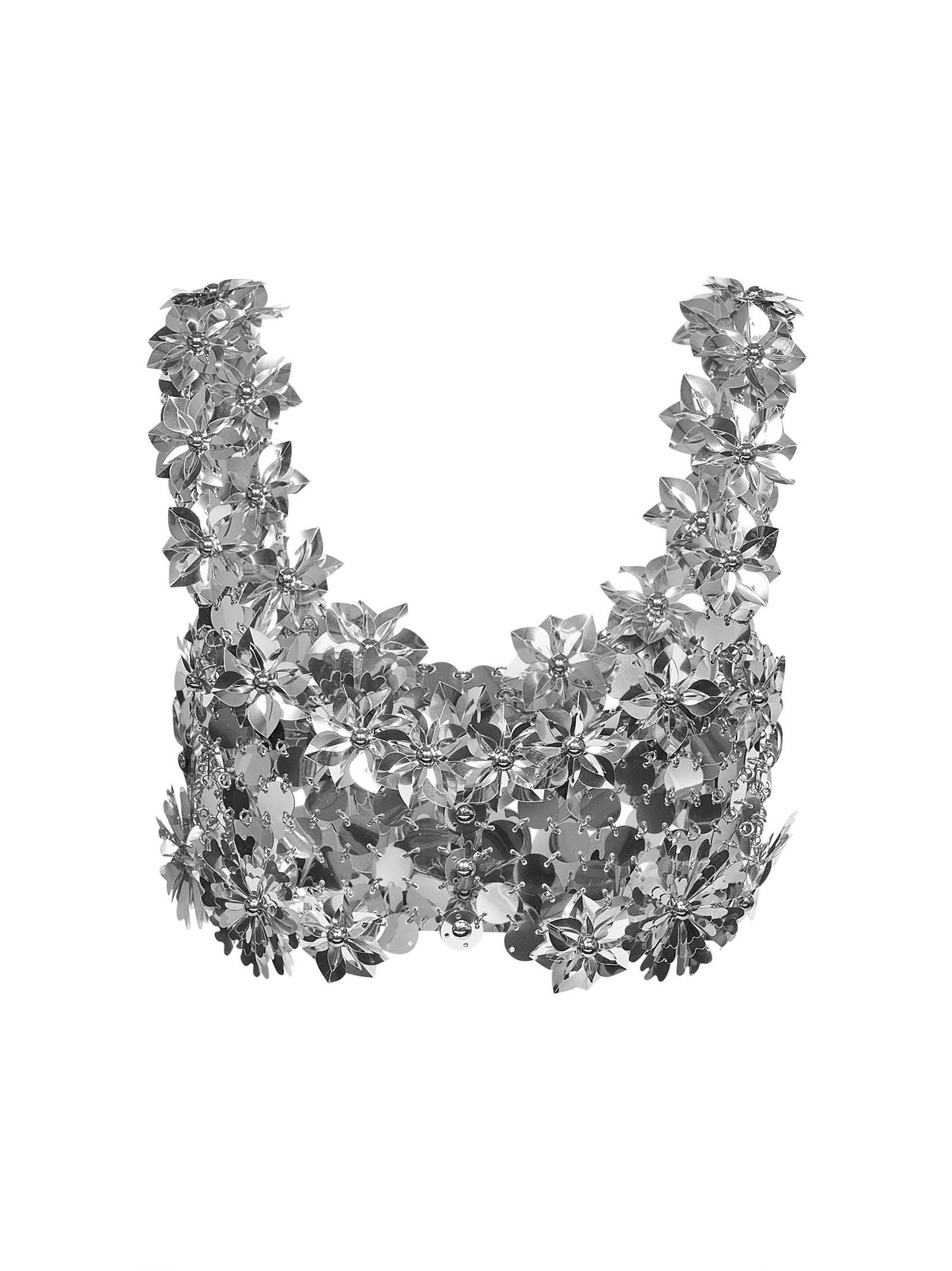 Top bralette in dischi di plastica argento con dettagli floreali