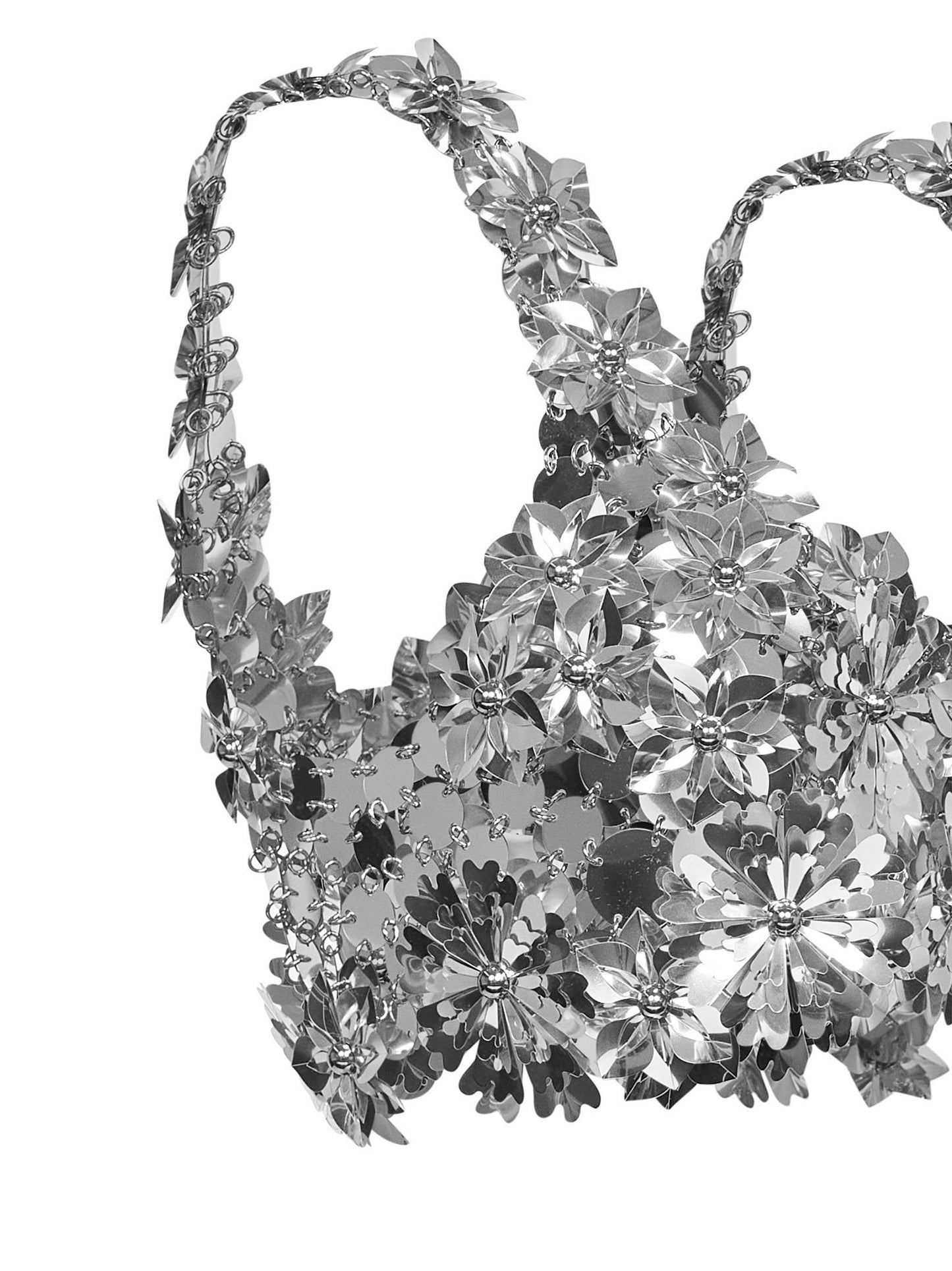 Top bralette in dischi di plastica argento con dettagli floreali
