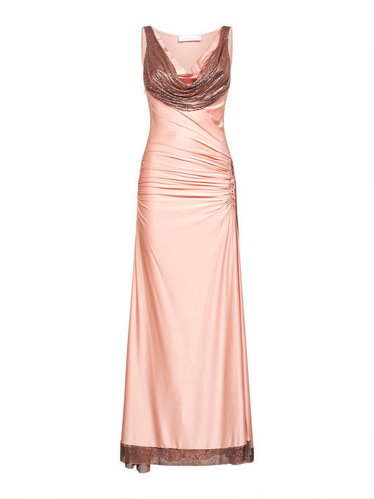 Pink viscose jersey and mesh long dress