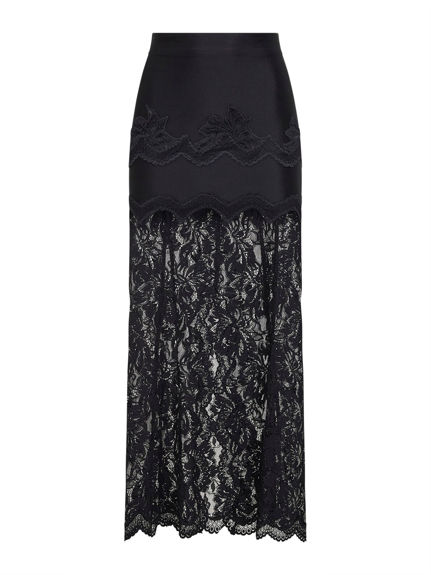 Black viscose jersey and lace midi skirt