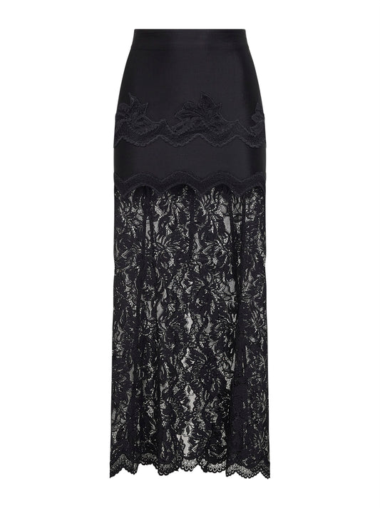 Black viscose jersey and lace midi skirt