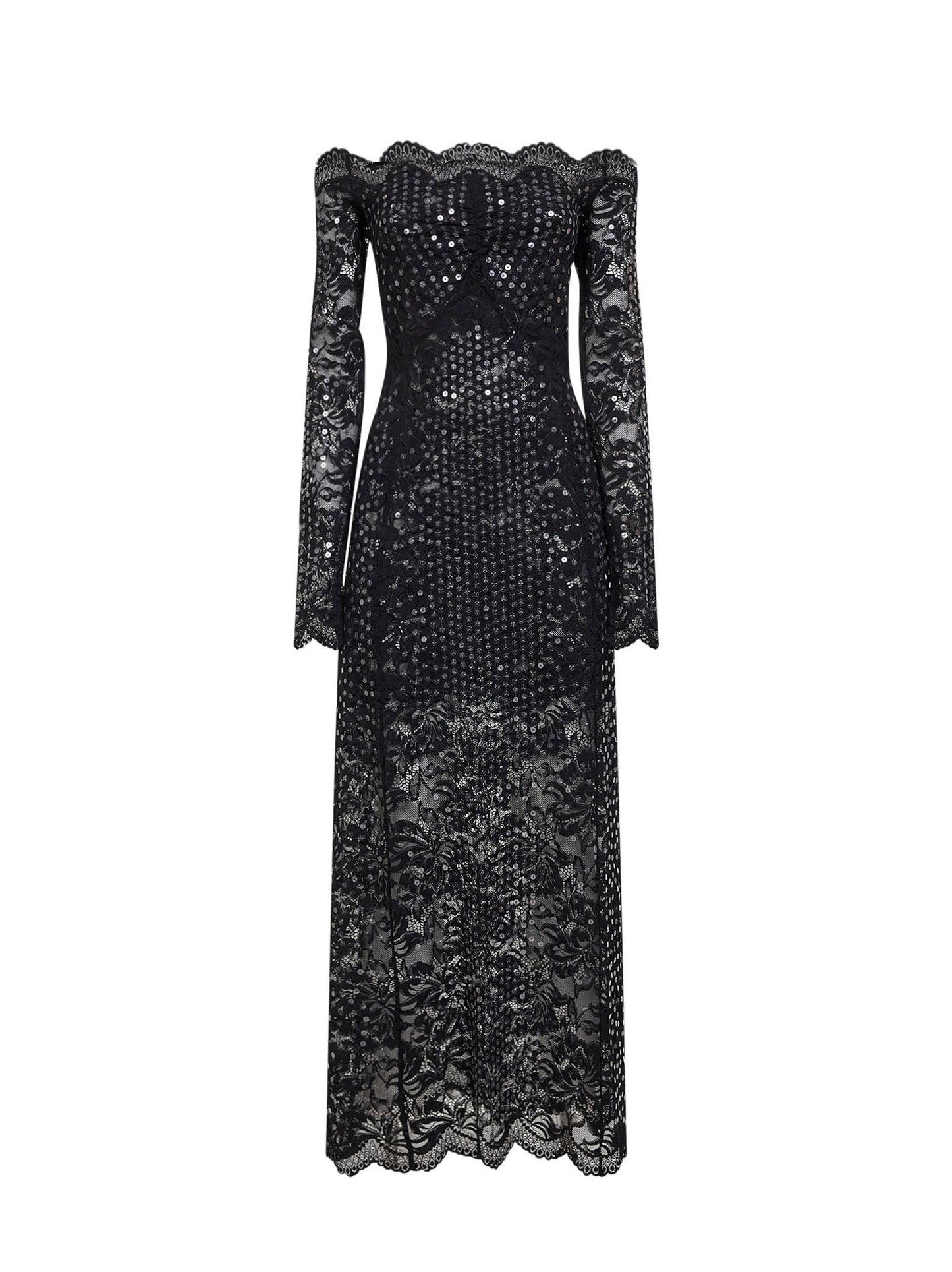 Abito midi in pizzo stretch con paillettes ricamate nero