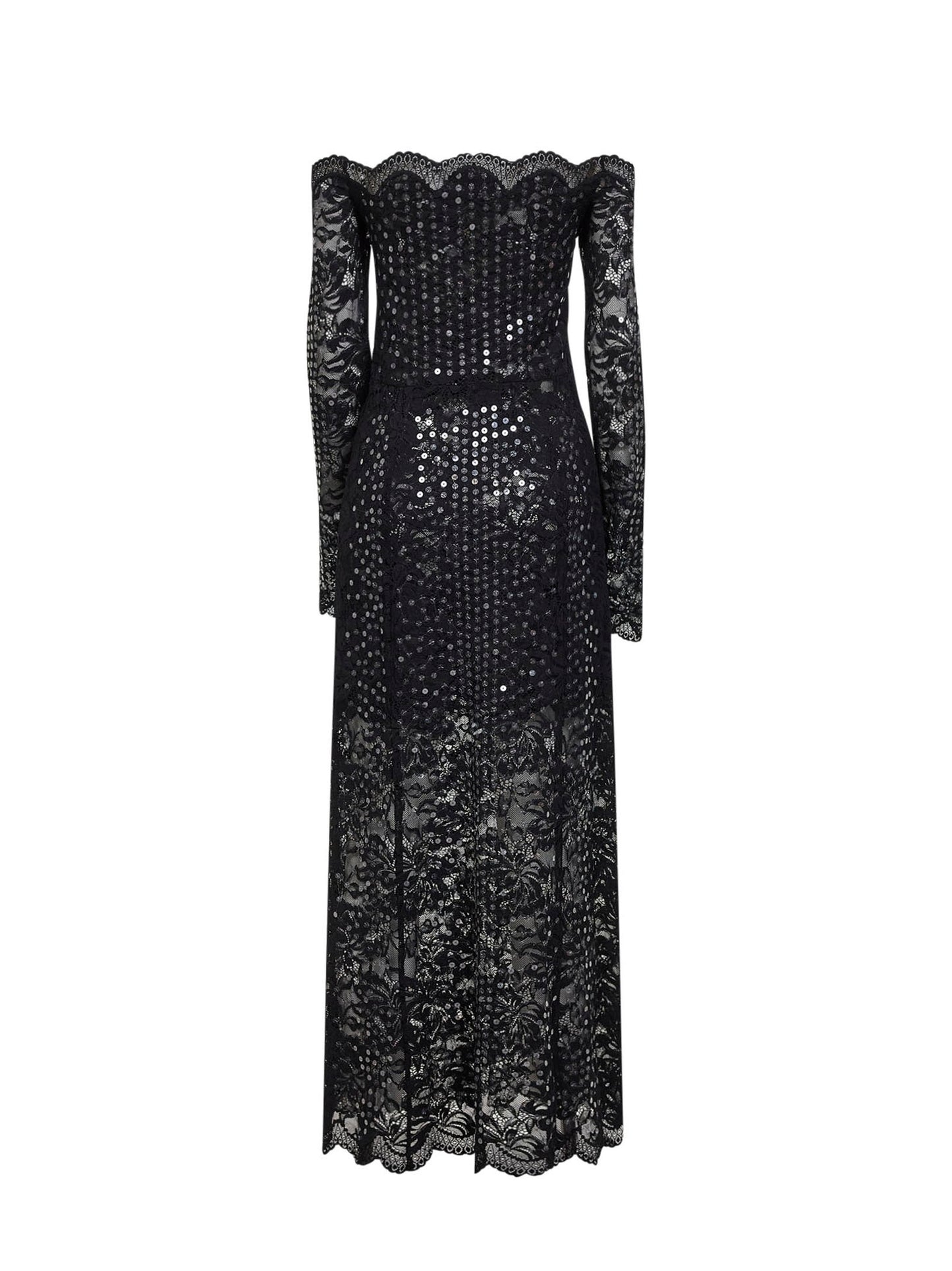 Abito midi in pizzo stretch con paillettes ricamate nero