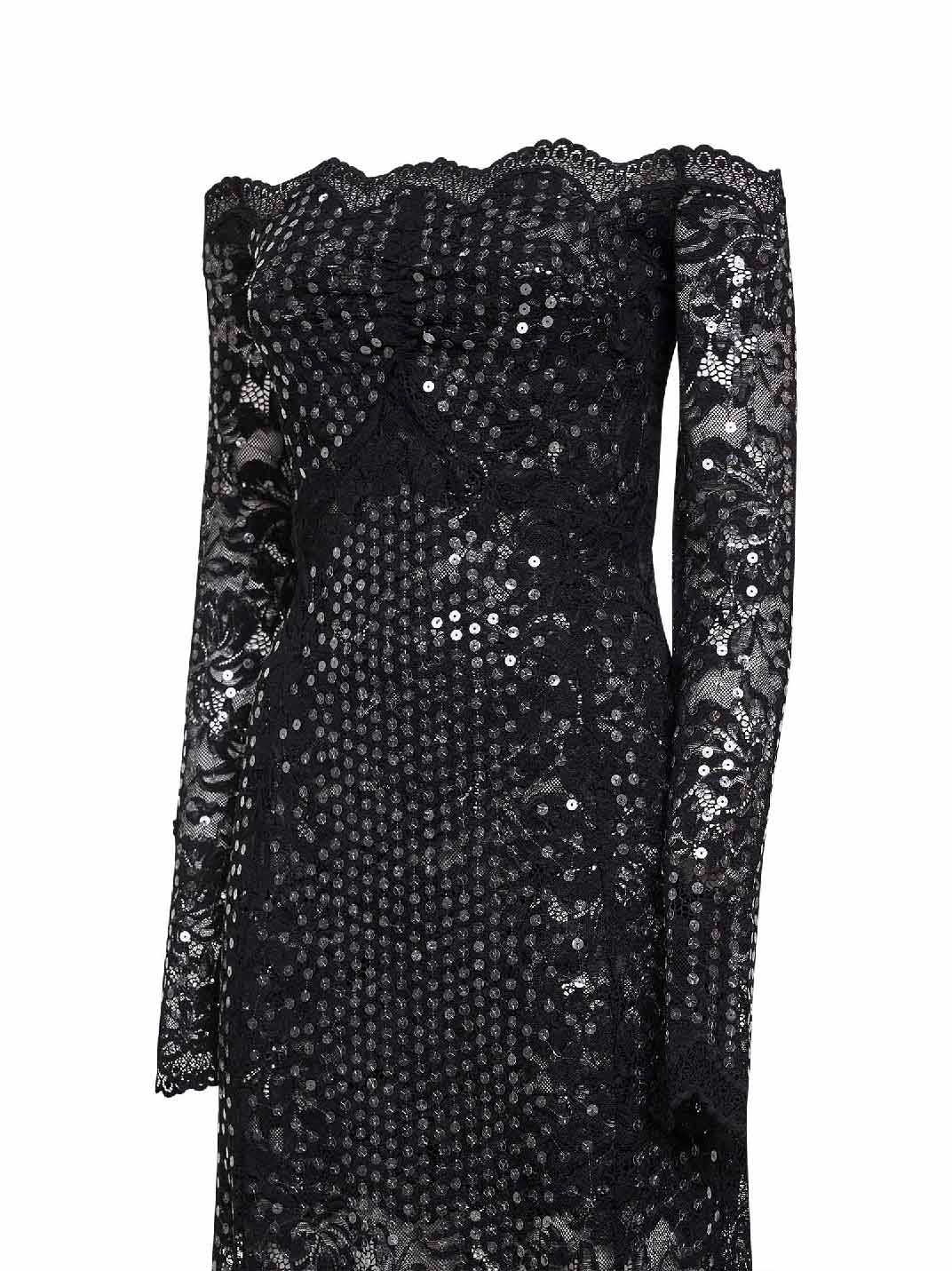 Abito midi in pizzo stretch con paillettes ricamate nero