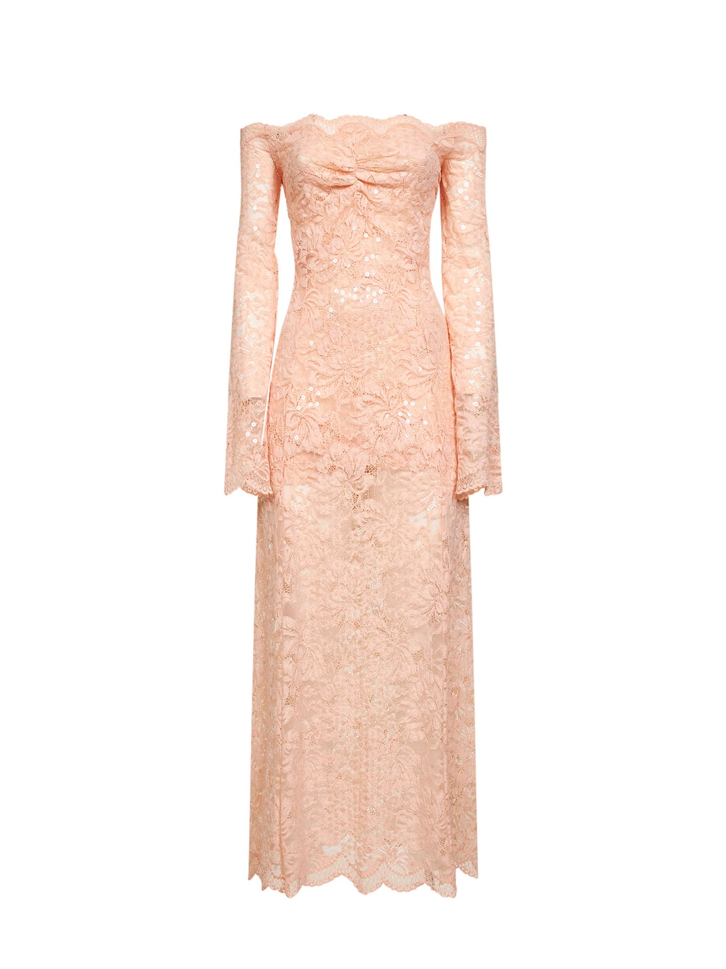Abito midi in pizzo stretch con paillettes ricamate rosa salmone