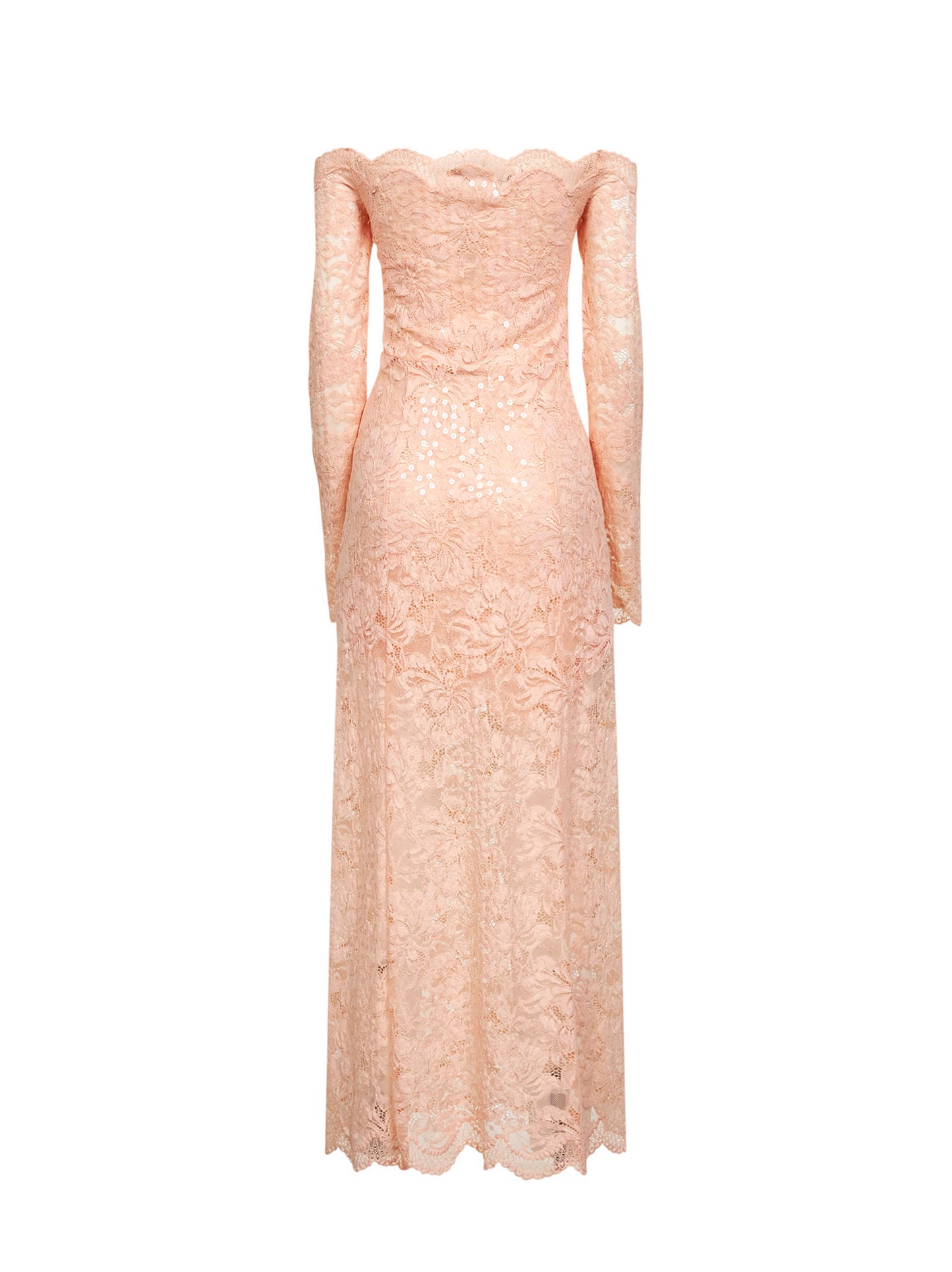 Abito midi in pizzo stretch con paillettes ricamate rosa salmone