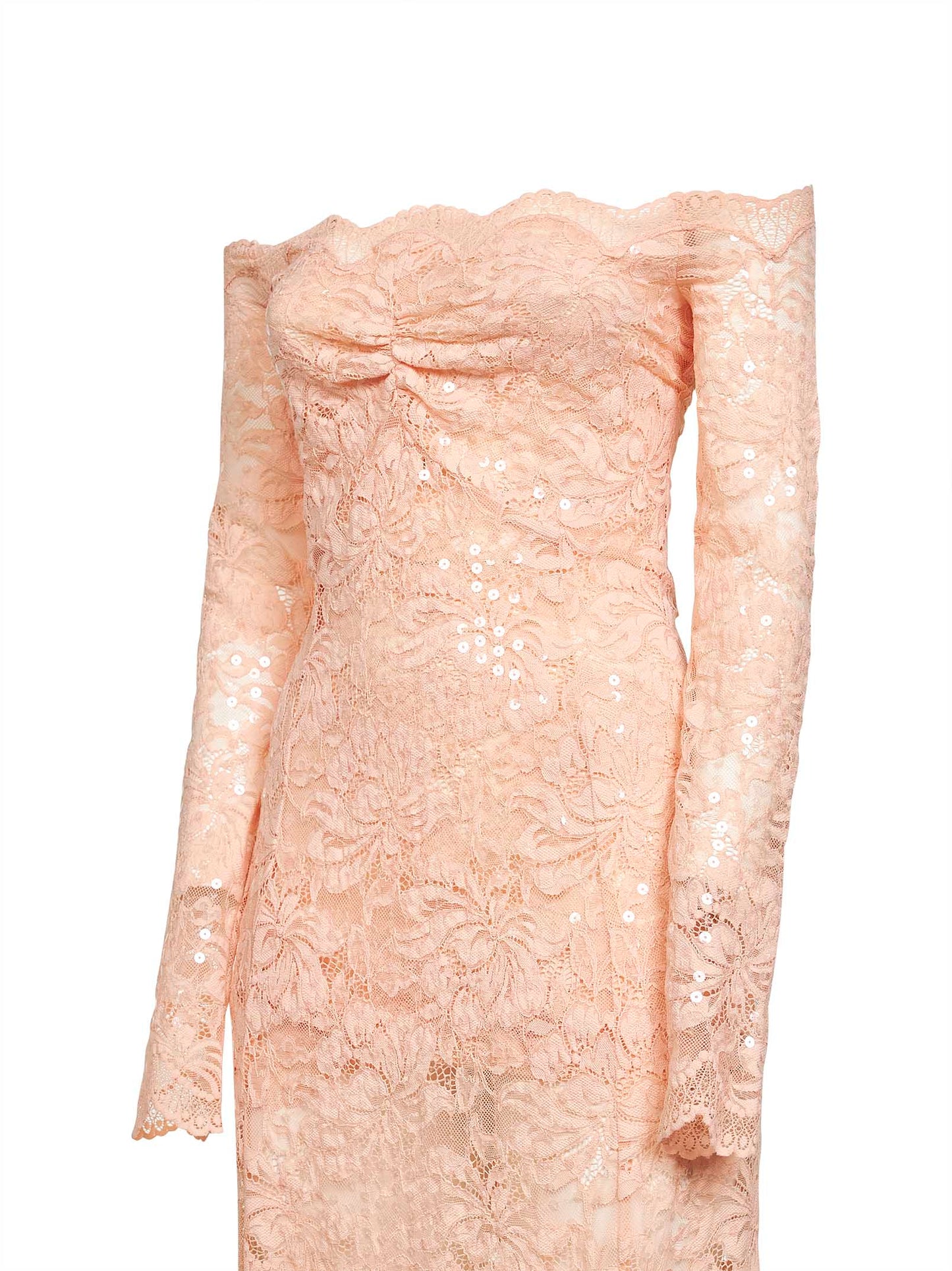 Abito midi in pizzo stretch con paillettes ricamate rosa salmone