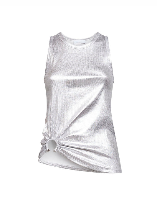 Silver foil ribbed jersey tank top with piercing