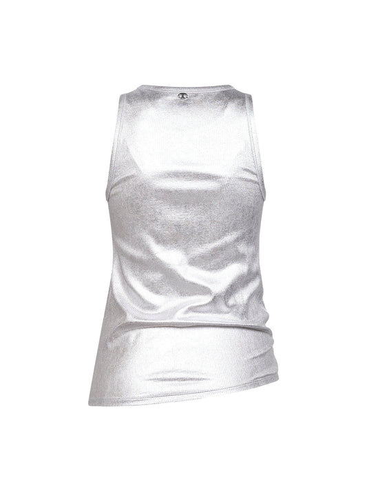 Silver foil ribbed jersey tank top with piercing