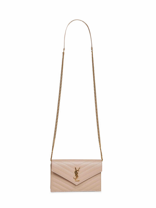 Dark beige Cassandre Classic envelope clutch with chain shoulde strap