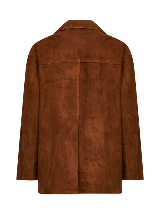 Giacca blazer in pelle scamosciata tabacco<BR/>