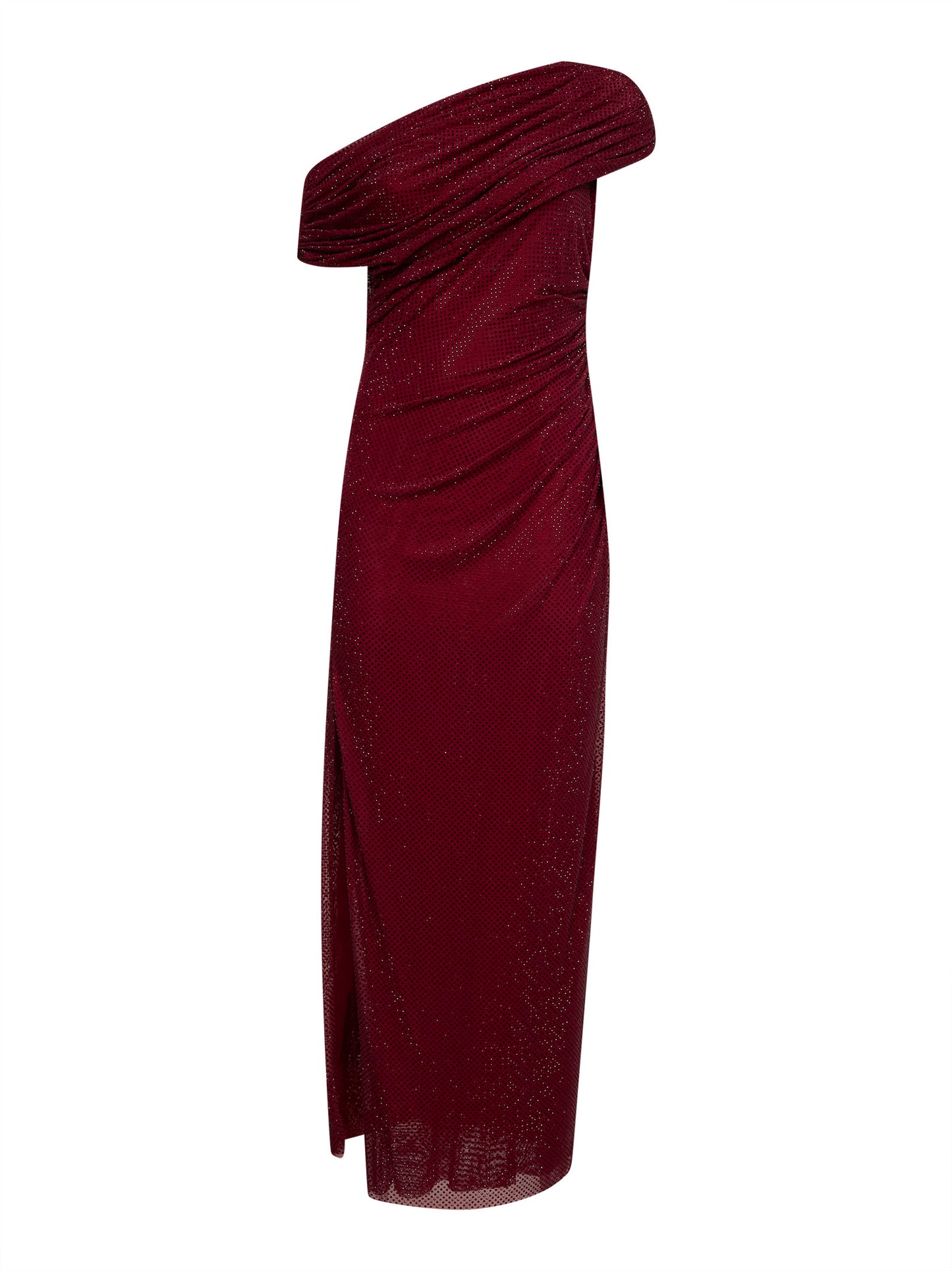 Abito monospalla midi in jersey con strass bordeaux