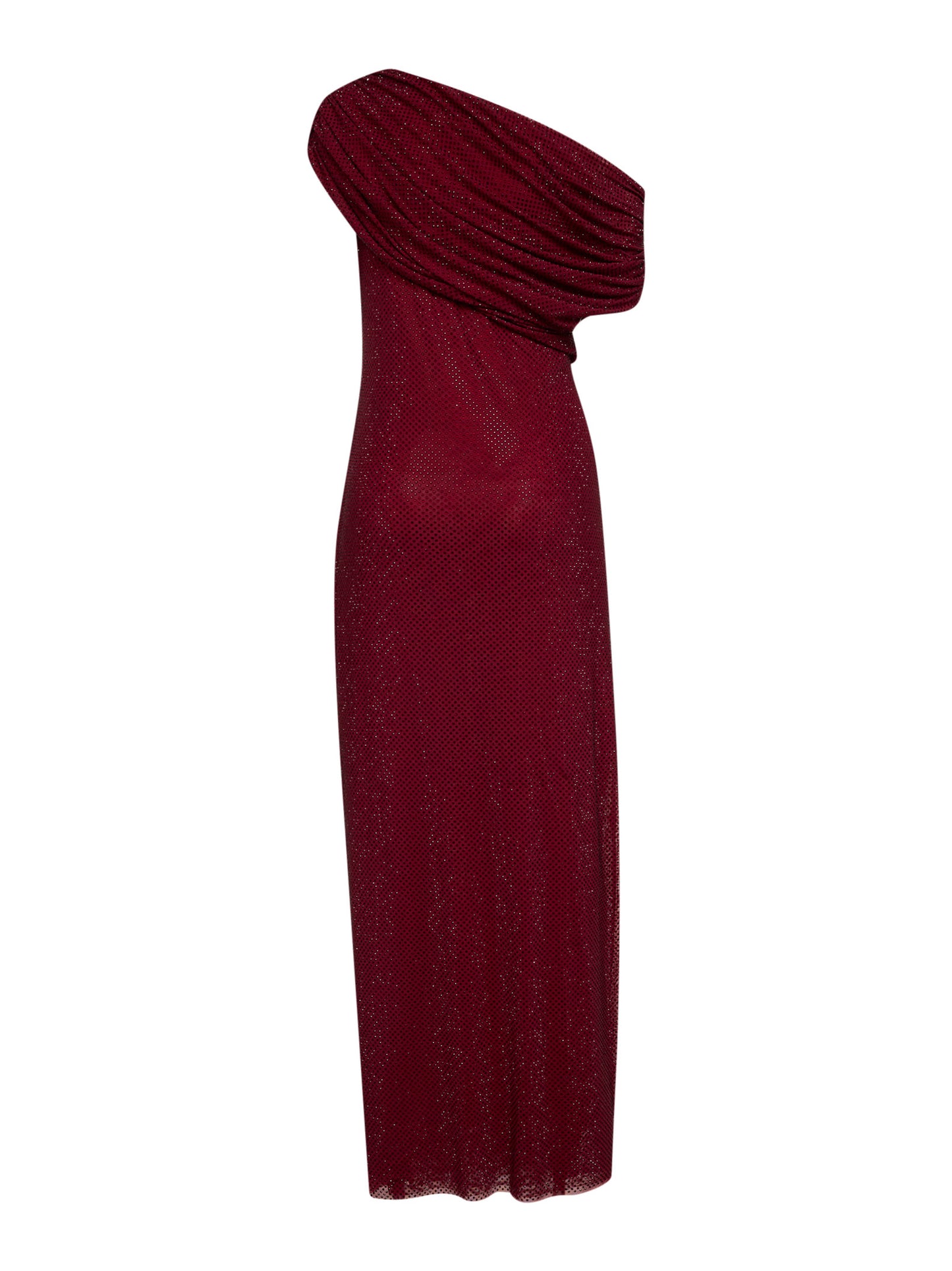 Abito monospalla midi in jersey con strass bordeaux