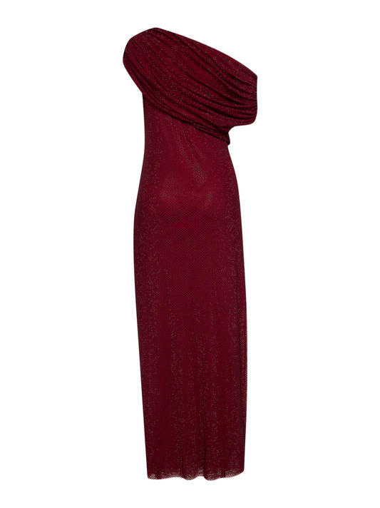 Burgundy rhinestone jersey one-shoulder midi dress