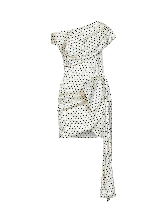 Cream polka dot-print satin mini dress with tie side