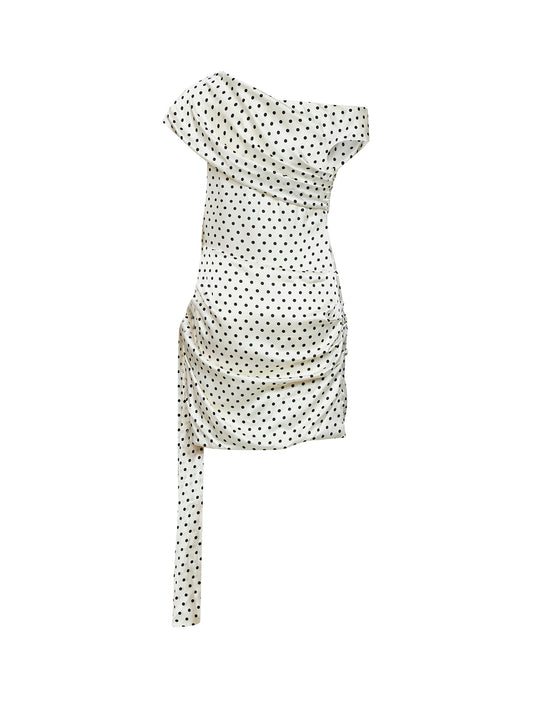 Cream polka dot-print satin mini dress with tie side