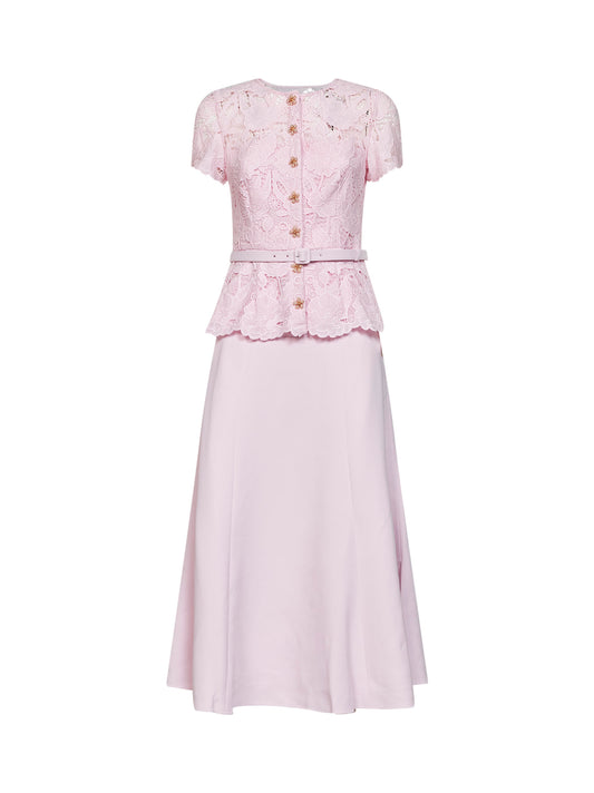 Pink crepe and lace belted midi dress