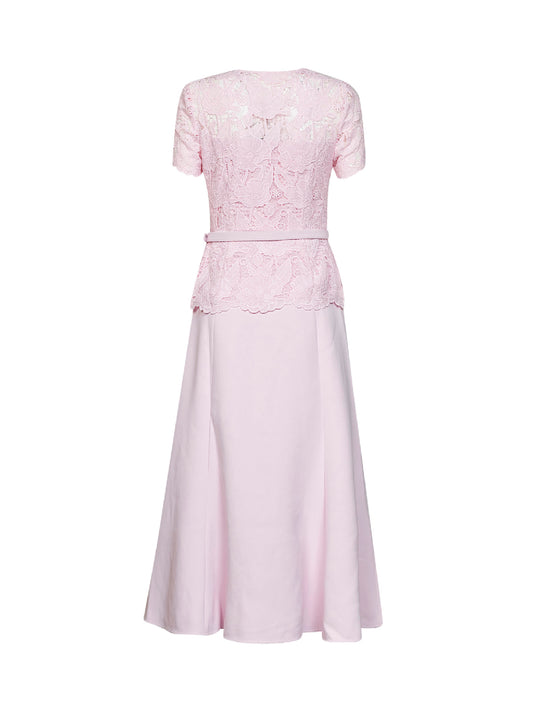 Pink crepe and lace belted midi dress